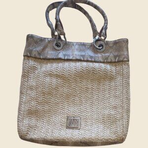 VIA NEROLI Straw Woven Bag with Faux Snake Skin Trim